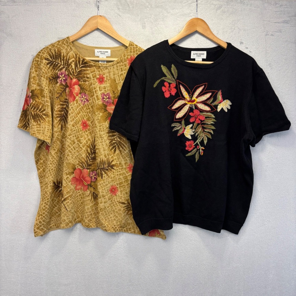 Lot of 2 Alfred Dunner Short Sleeve Sweaters Women 2X Floral Embroidered Fall
